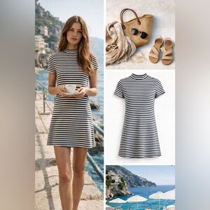 Free People FP Beach Striped Mock Neck Mini Dress Size Small Gray White Dress